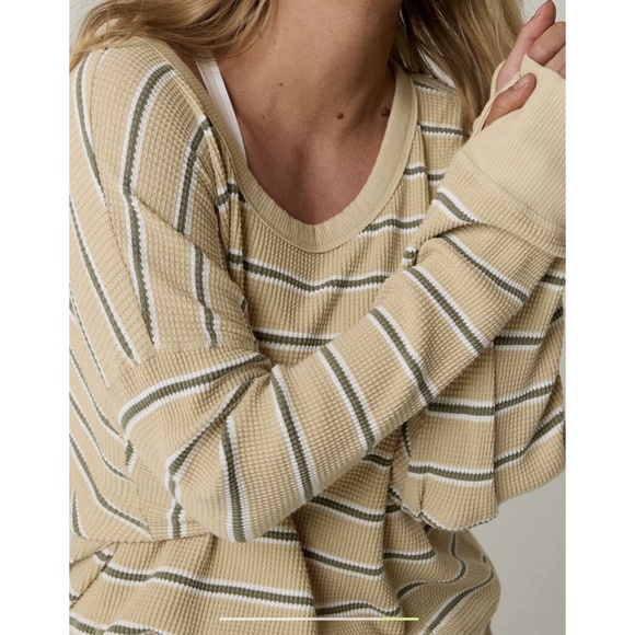NWT Aerie OFFLINE Wow! Waffle Knit Long Sleeve Tee Med Soft Wheat Beige Stripe - Picture 3 of 11